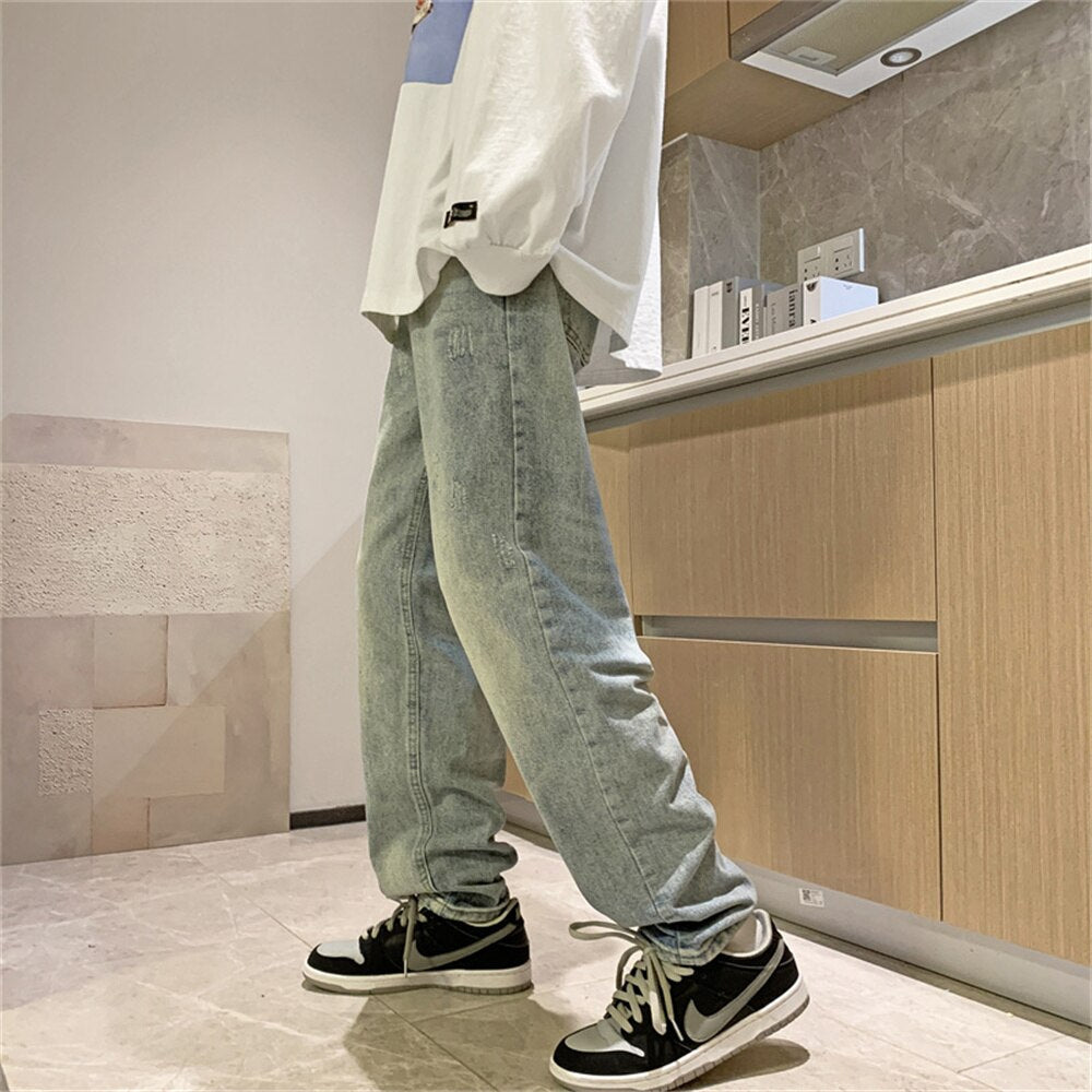 jiaabc Autumn New Streetwear Baggy Jeans Men Korean Fashion Loose Straight Wide Leg Pants Male Brand Clothing Gray Light Blue