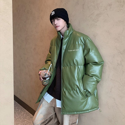 jiaabc Thicken Solid Color Mens Parkas Oversized Warm Winter Leather Coats Harajuku Fashion Women Loose Cotton Padded Jackets