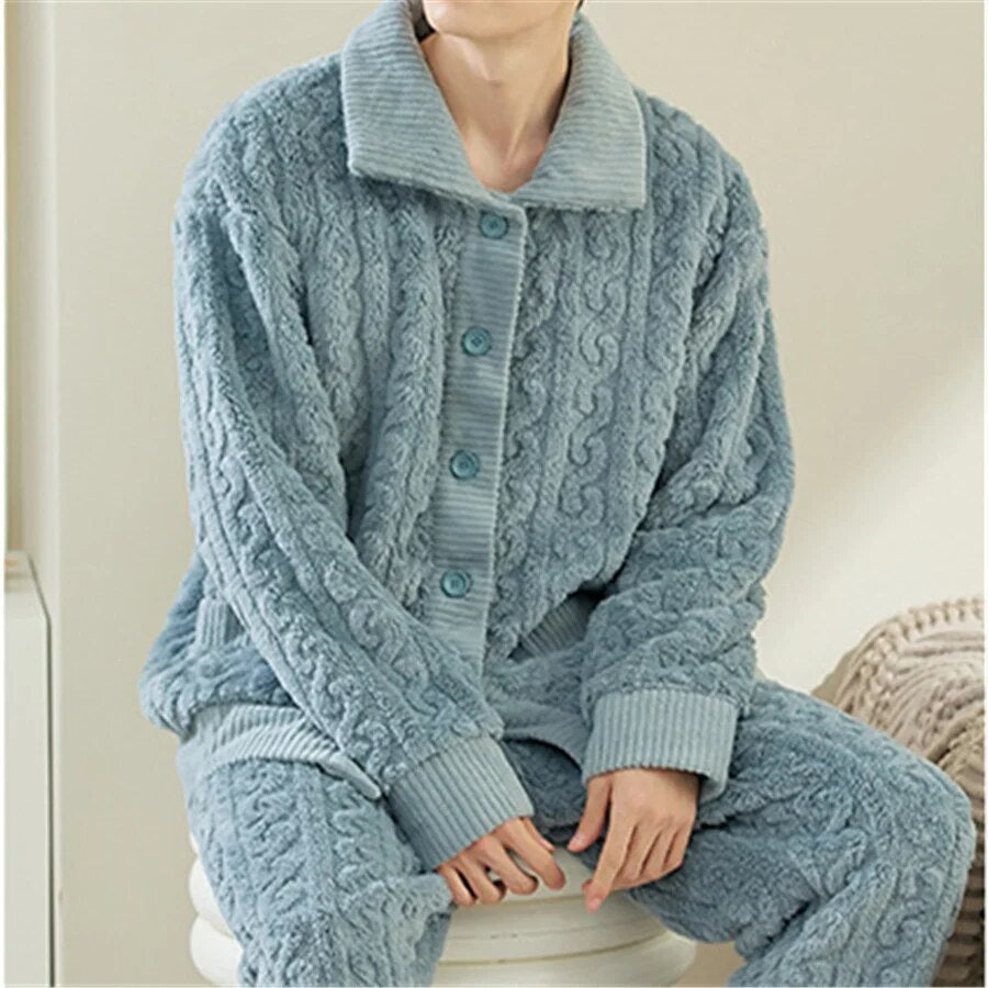 jiaabc Men Warm Flannel Winter Pajamas Turn-down Collar Long Sleeve Homewear Two-piece Set Loose Comfortable Thick Sleepwear Nightwear