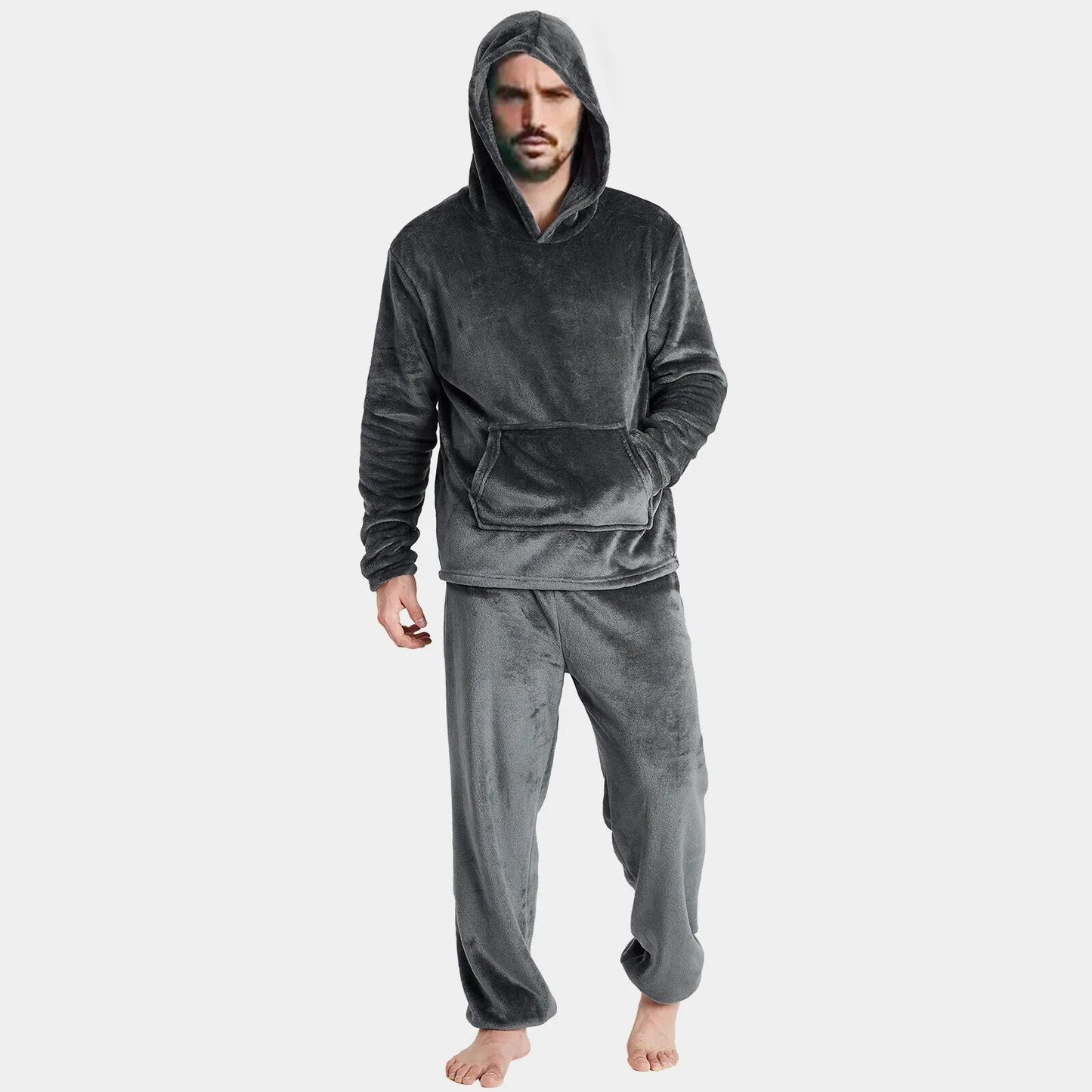 jiaabc Mens Winter Fleece Warm Pajama Set Soft Home Solid Color Pockets Hooded Pullover Tops And Pants Thick Plush Sleepwear Homewear