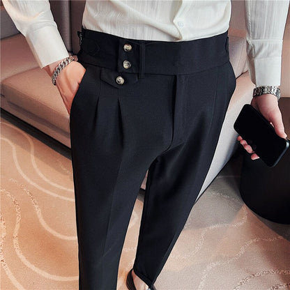 jiaabc British Style Spring New Solid Business Casual Suit Pants High Waist Button Men Formal Pants High Quality Slim Office Trousers