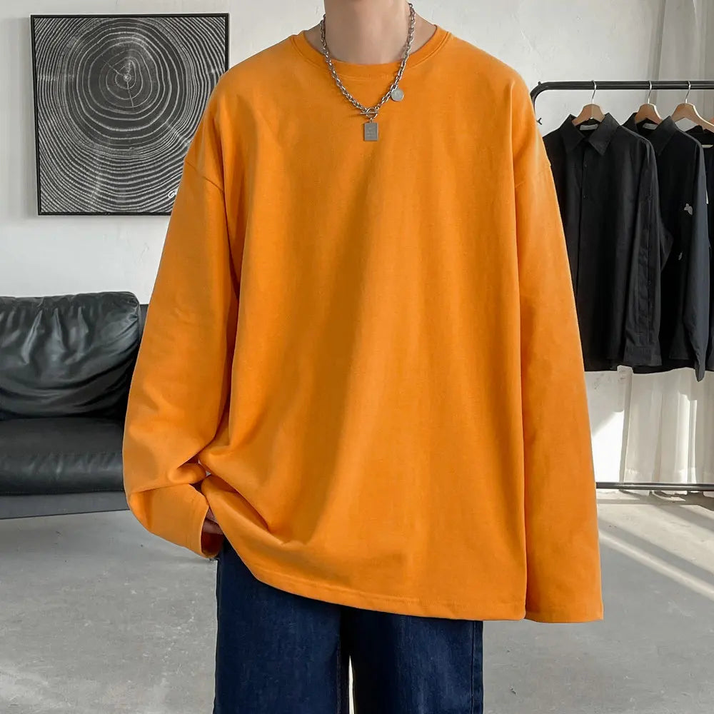 jiaabc FALL OUTFITS MEN Long Sleeve Casual Solid Color Cotton T Shirt For Men Spring Autumn O-neck Oversized Men's T-shirt