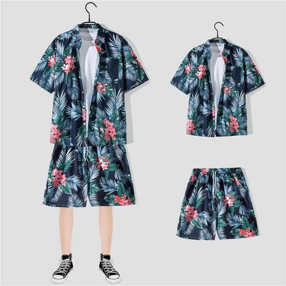 jiaabc 2 Piece Sets Men Beach Fashion M-3XL Baggy Handsome Print Shirts Shorts Hawaiian Holiday Unisex Thin Summer Vintage Clothing Ins