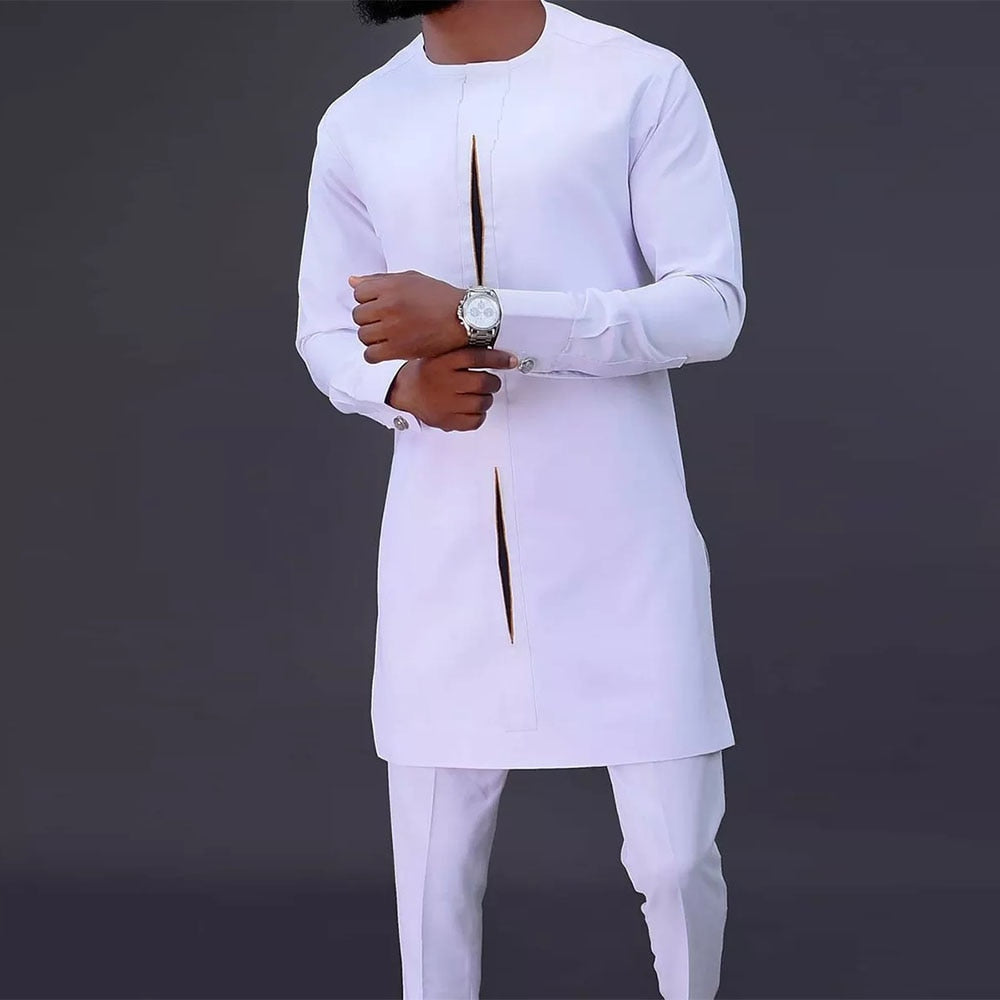 jiaabc New Set Men Dashiki Various White Suit Male Fashion Casual 2 Pieces Outfit Long Sleeve Shirt Trouser African Men Clothes Set