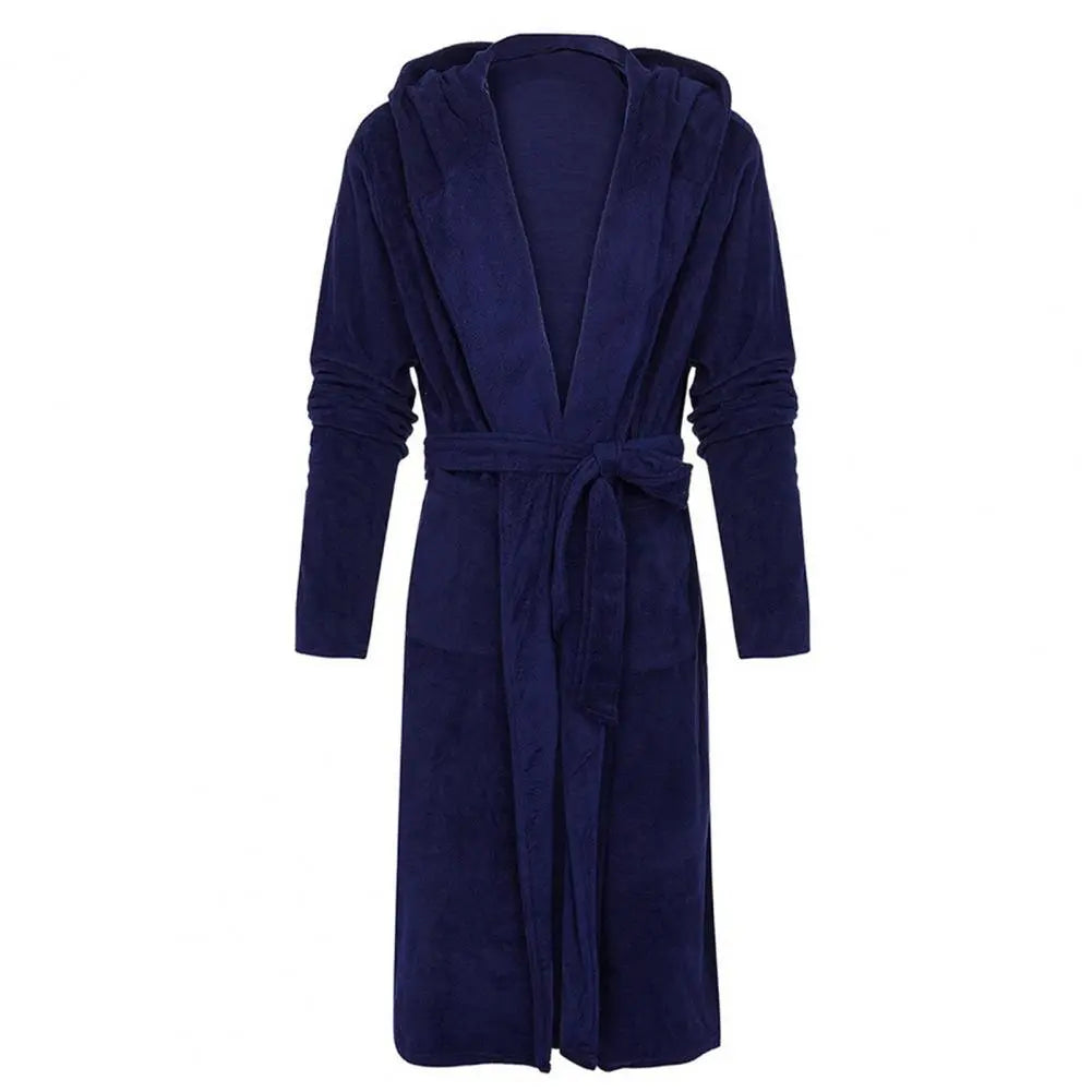 jiaabc Long Sleeve Pocket Belt Solid Color Men Bathrobe Winter Warm Hooded Long Fleece Home Gown Sleepwear