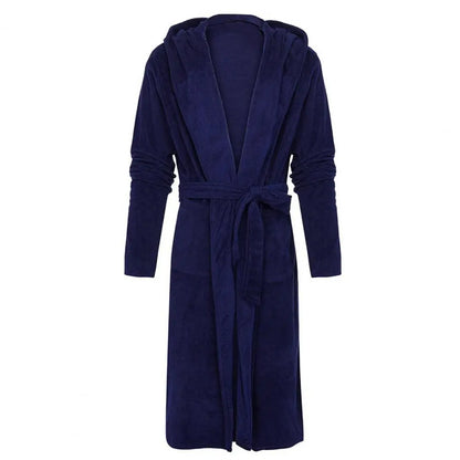 jiaabc Long Sleeve Pocket Belt Solid Color Men Bathrobe Winter Warm Hooded Long Fleece Home Gown Sleepwear