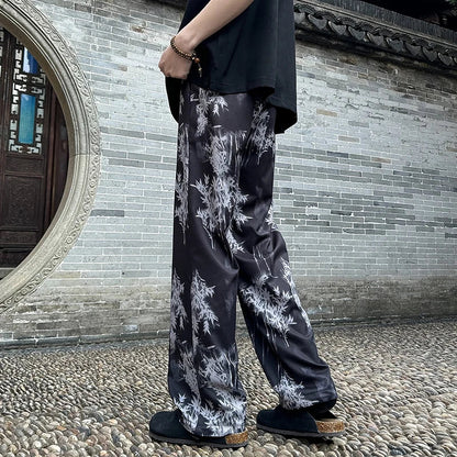 Spring Summer Ice Silk Printed Straight Pants Plus Size 5XL-M Men's Streetwear Thin Casual Pants Men Comfortable Wide Leg Pants