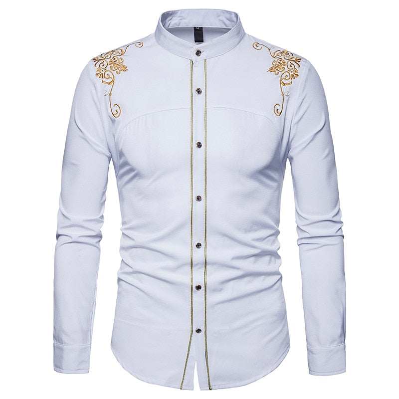 jiaabc Men Spring Autumn Shirt Social Henley Dress Shirt Fashion Long Sleeve Formal Embroidery Tops Clothing Casual camisa masculina