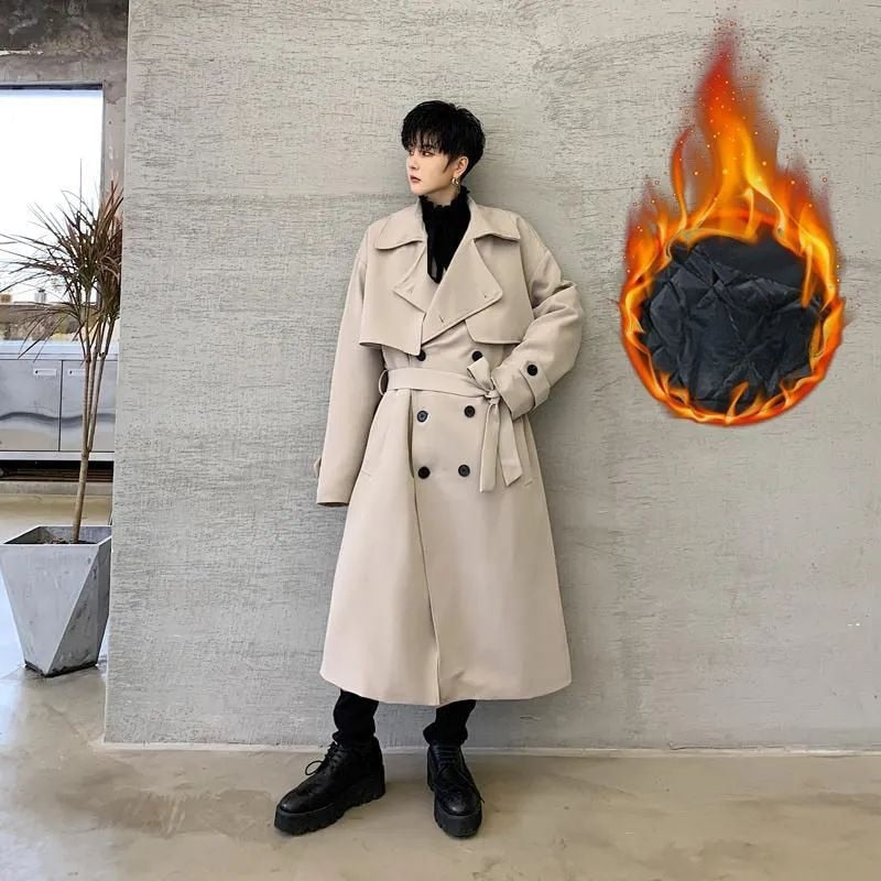 jiaabc Fashion Casual Overcoat Men's Autumn Winter Cotton Warm Windbreaker Long Handsome Student Loose Coat Top Trench Men Clothes