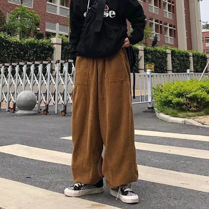 jiaabc Brown Black Corduroy Pants Men Fashion Retro Oversized Casual Pants Men Streetwear Loose Hip-hop Wide-leg Pants Mens Trousers