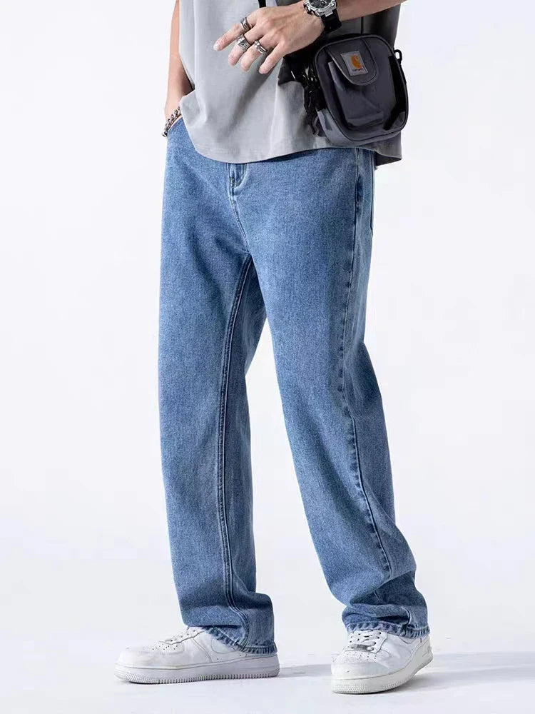 jiaabc Spring Autumn Men's Jeans Straight Denim Pants Banding Waist Cotton Streetwear Wide Leg Loose Casual Blue Long Jeans Trousers