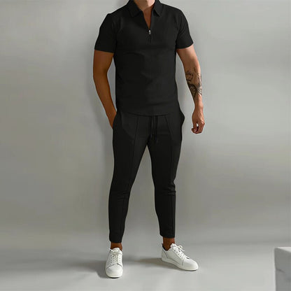 jiaabc Casual Men's Two Piece Suits 2023 Spring Summer Short Sleeve Lapel Zipper Tops And Pants Set Men Fashion Solid Color Tracksuits