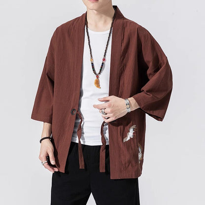 jiaabc  Summer Men's Kimono Jackets Cardigan Mens Lightweight Casual Cotton Blends Linen Seven Sleeves Open Front Coat Outwear