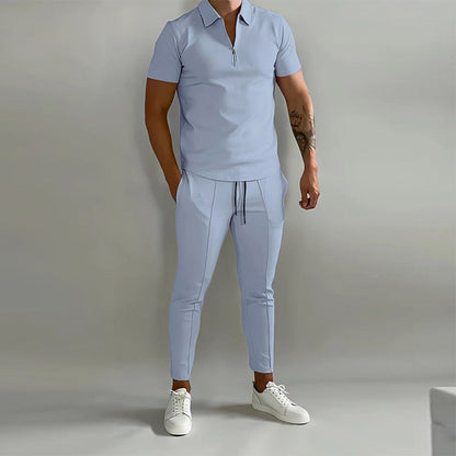 jiaabc Casual Men's Two Piece Suits 2023 Spring Summer Short Sleeve Lapel Zipper Tops And Pants Set Men Fashion Solid Color Tracksuits