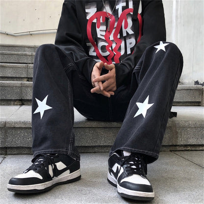 jiaabc Y2K Mens Retro Streetwear Hip Hop Stars Straight Fairy Grunge Jeans for Men Denim Pants Wide Leg Oversized Alt Trousers Clothes