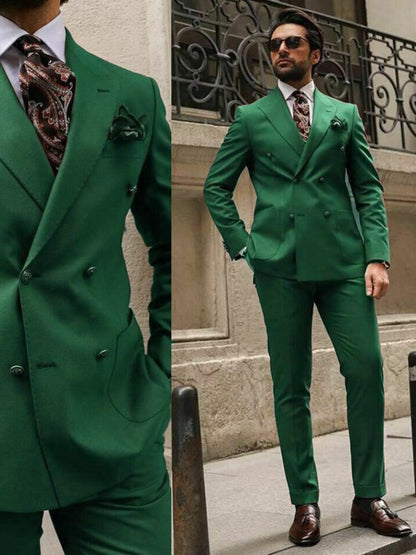 Green Italian Suits For Men Wedding Double Breasted Slim Fit Peak Lapel Custom Male Clothes 2 Piece Groom Tuxedo (Jacket + Pant)