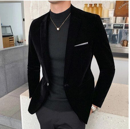 Autumn Velvet Suit Jacket High Quality Long Sleeved Slim Fit Blazer Fashion Men Formal Business Club Dress Blazers Homme