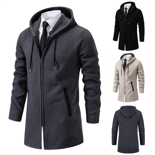 jiaabc Men's Fleece Long Cardigan Autumn Winter Knitting Jacket Solid Color Hooded Sweater Coat Plush Padded Outwear Fashion