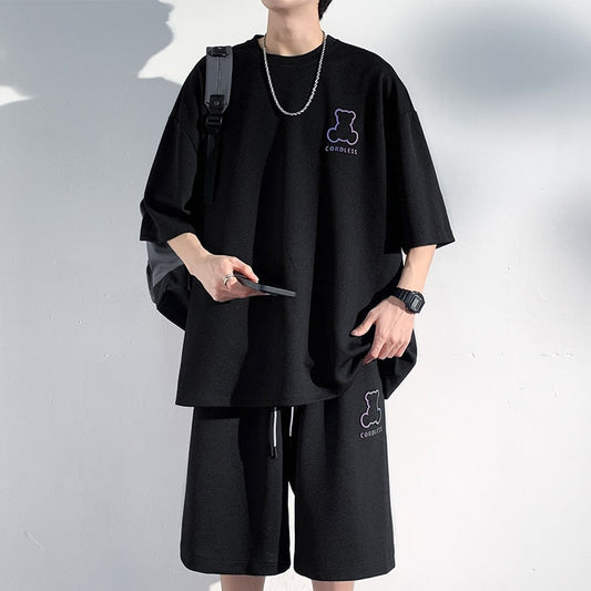 jiaabc Overized Short Sleeve T-shirt Shorts Set For Men Bear Graphic Fashion Casual Suit Korean Style Male Streetwear