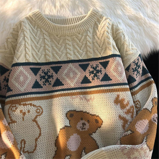 jiaabc Cute Bear Tops Oversize Men High Street Knitting Sweater Tops Autumn Pullover Loose Harajuku Kawaii White Women Couple Sweaters