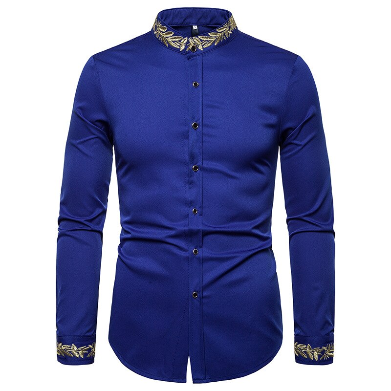 jiaabc Men Spring Autumn Shirt Social Henley Dress Shirt Fashion Long Sleeve Formal Embroidery Tops Clothing Casual camisa masculina