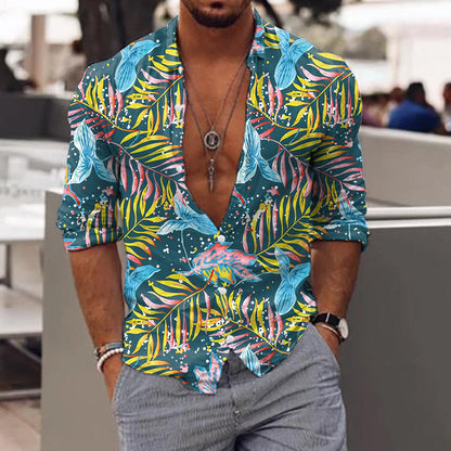 jiaabc Spring Autumn Men Hawaiian Shirts Turn-down Collar Buttoned Tops Men's Casual Tropical Printed Long Sleeve Shirt Streetwear