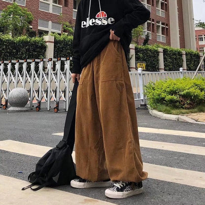 jiaabc Brown Black Corduroy Pants Men Fashion Retro Oversized Casual Pants Men Streetwear Loose Hip-hop Wide-leg Pants Mens Trousers