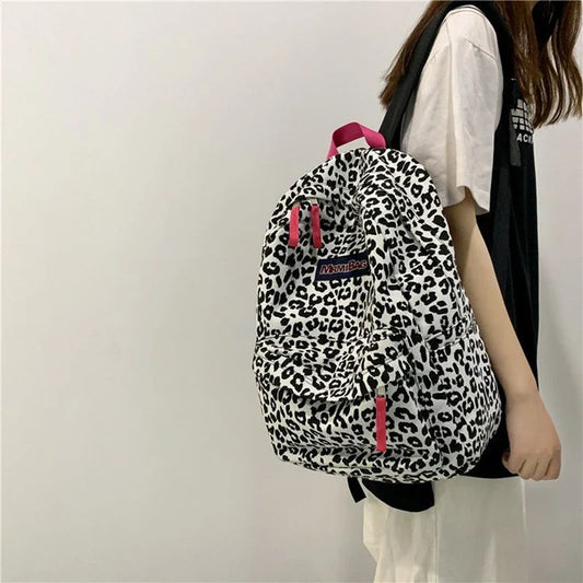 Casual Canvas Cow Pattern Leopard Pattern Backpack ins High School Student Schoolbag Women's Trendy Backpack