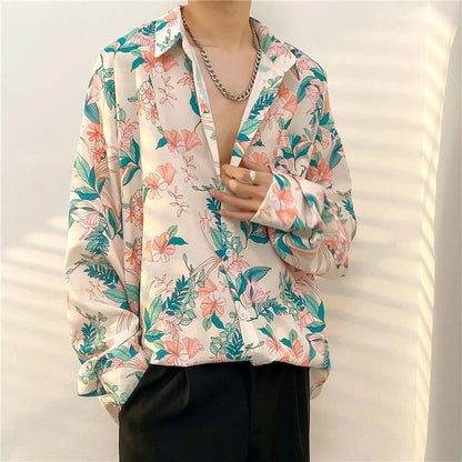 Antique Vintage Long sleeve Shirt for Men Streetwear Korea Style Fashion Design Clothes Full-printed Men's Hip Hop Top Shirt