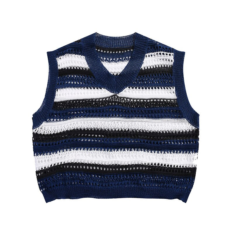 Hollow Out Sweater Vest Men Unisex Fashion Ins All-match Basic Sleeveless Knitwear Autumn Holiday Vintage Males Clothing Street