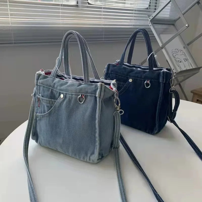 Denim Jeans Bags Cool Girl Totes  Fashion Trend High Street Hardware Tote In Denim Women's Shoulder Bag