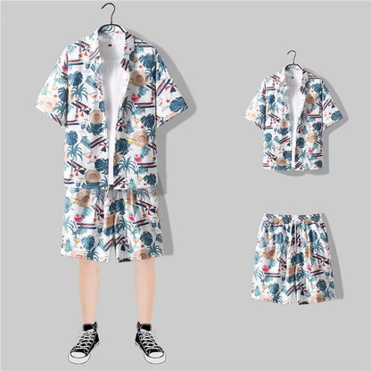 jiaabc 2 Piece Sets Men Beach Fashion M-3XL Baggy Handsome Print Shirts Shorts Hawaiian Holiday Unisex Thin Summer Vintage Clothing Ins