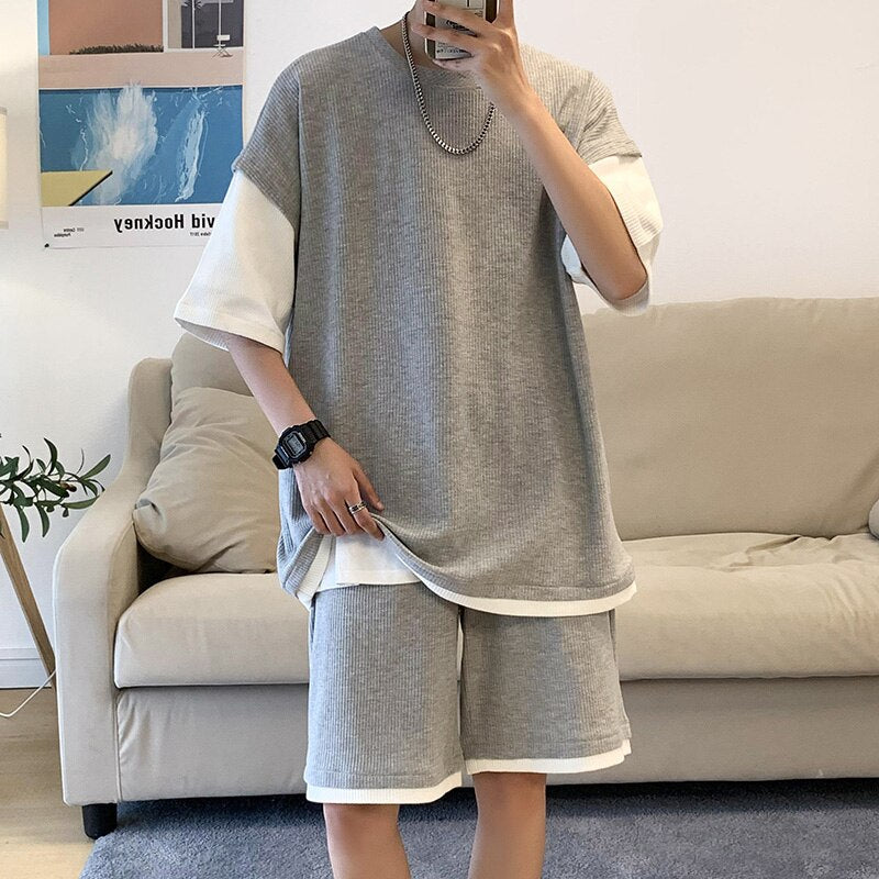 jiaabc Summer Fashion Patchwork Color Fake-2Pieces Sport Men's Sets Simple Loose Casual Tee Shirt+Shorts Homme 5XL-M White/Black/Gray