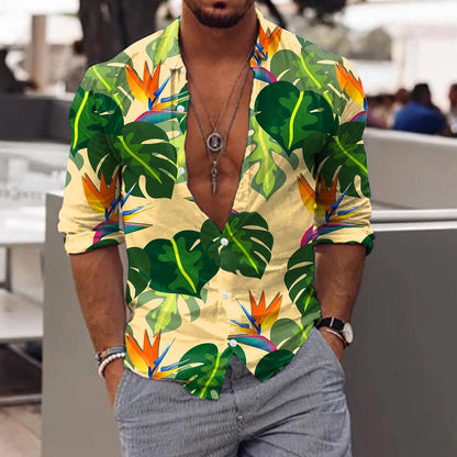 jiaabc Spring Autumn Men Hawaiian Shirts Turn-down Collar Buttoned Tops Men's Casual Tropical Printed Long Sleeve Shirt Streetwear