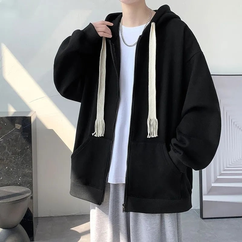 jiaabc Spring Autumn Winter Fashion Solid Casual Cardigan Jacket Men's Loose Cool Boys Soft Solid Zipper Hoodie Drawstring Student Coat