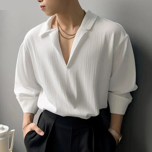 jiaabc Tops 2024 Korean Style New Men's Simple V-neck Design Shirts Casual Well Fitting Male Textured Long Sleeved Blouse S-5XL