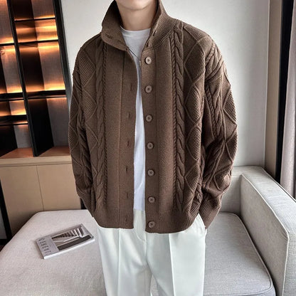 jiaabc Autumn / Winter New Twist Men's Knitted Cardigan Korean Version of Loose Solid Color Sweater Thick Coat High Quality Knit Coat