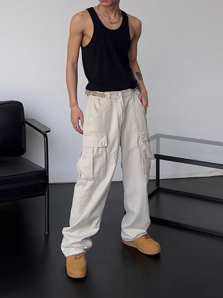 jiaabc Cargo Pants Men High Street Retro Casual Large Pocket Overalls High Waist Loose Straight Tube Draped Wide Leg Pants For Women