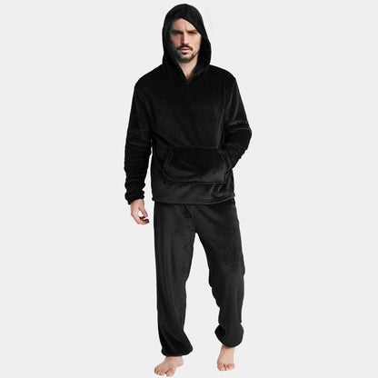 jiaabc Mens Winter Fleece Warm Pajama Set Soft Home Solid Color Pockets Hooded Pullover Tops And Pants Thick Plush Sleepwear Homewear