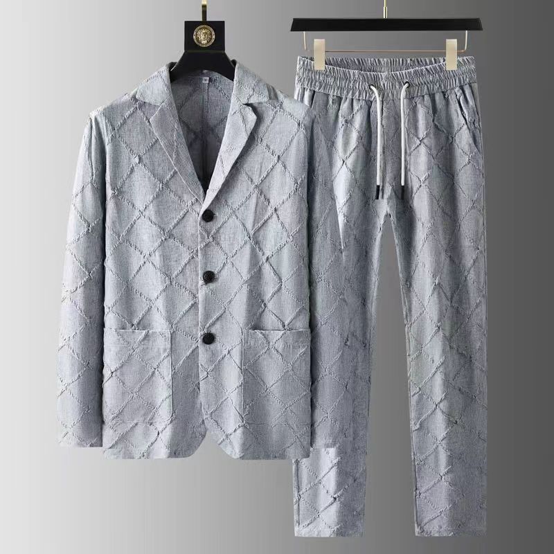 jiaabc Spring Autumn Men Blazer Suit Long Sleeve Solid Jacket Drawstring Pants Vintage Lattice Casual Korean Slim Fashion Two-piece Set