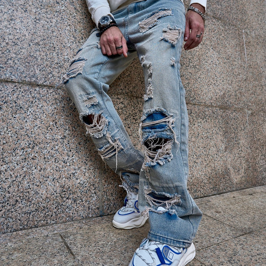 jiaabc Spring Stylish Loose Ripped Men Straight Jeans Trousers Hip hop Male High Quality Solid Holes Casual Denim Pants