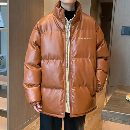 jiaabc Thicken Solid Color Mens Parkas Oversized Warm Winter Leather Coats Harajuku Fashion Women Loose Cotton Padded Jackets