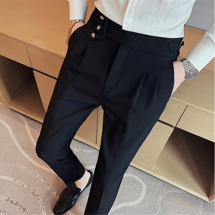 jiaabc British Style Spring New Solid Business Casual Suit Pants High Waist Button Men Formal Pants High Quality Slim Office Trousers