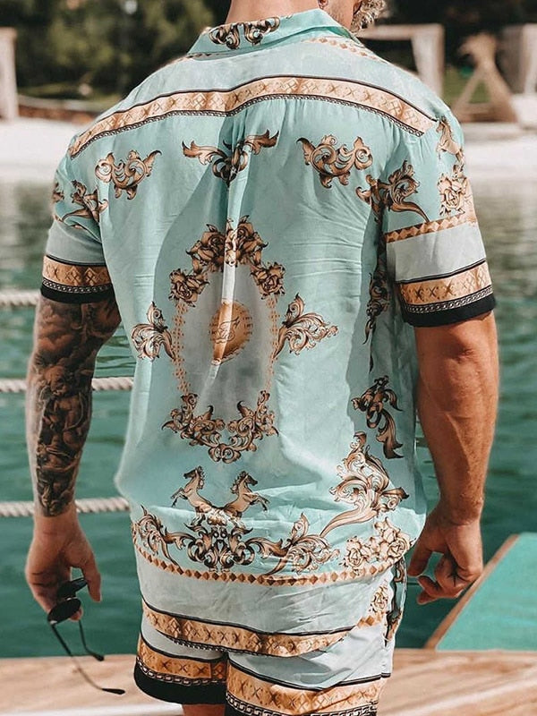 jiaabc New Fashion Hawaiian Shirt Set Mens Printing Set Short Sleeve Summer Casual Floral Shirt Beach Two Piece Men Sets S-3XL