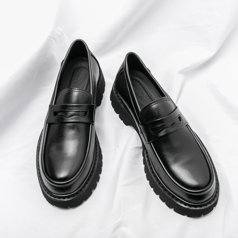 jiaabc New Platform Shoes Loafers Shoes Men Thick-soled Wedding Shoes Black Formal Business Shoes Slip-on Leather Increase Casual Shoes