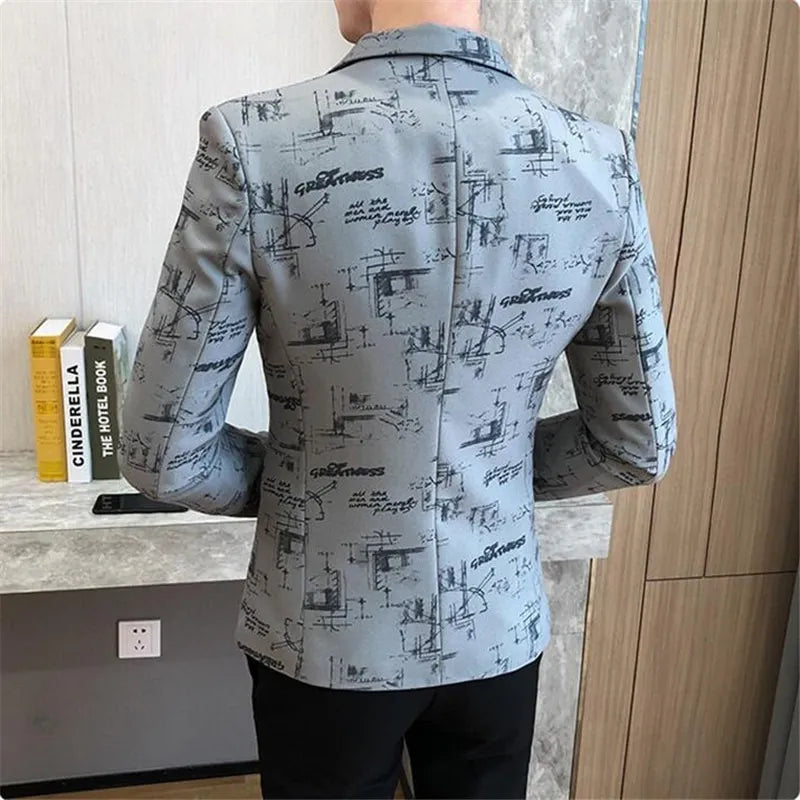 jiaabc Men Blazer Spring Fashion High-quality Men Korean Version of The Printed Slim Formal Wedding Party Prom Suit Jacket