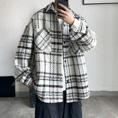 jiaabc Autumn Plaid Woolen Coat Men Fashion Retro Casual Oversized Woolen Jacket Men Korean Loose Woolen Shirt Mens Overcoat M-2XL