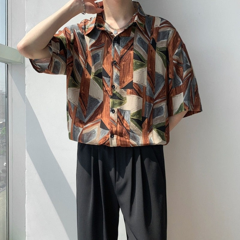 Korean Clothes Flower Shirts for Men Fashion Retro Maple Leaf Short Sleeve Chiffon Beach Hawaiian Casual Floral Print Shirt