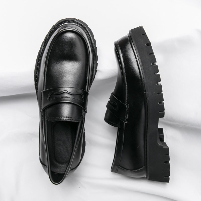 jiaabc New Platform Shoes Loafers Shoes Men Thick-soled Wedding Shoes Black Formal Business Shoes Slip-on Leather Increase Casual Shoes