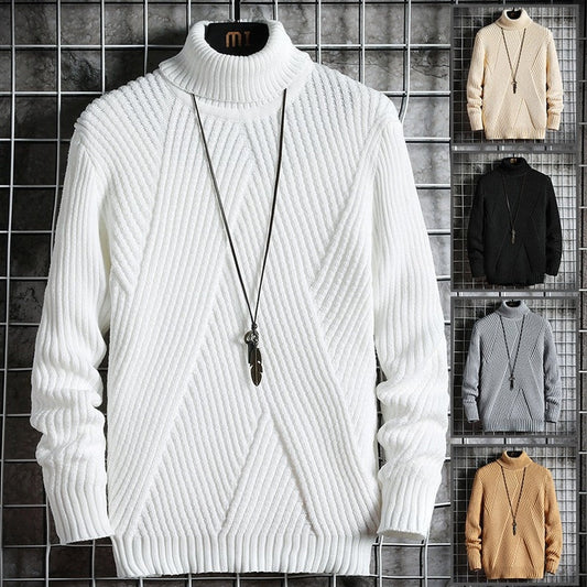 jiaabc Korean Fashion Sweater Mock Neck Sweater Knit Pullovers Autumn Slim Fit Fashion Clothing Men Solid Color Irregular Stripes